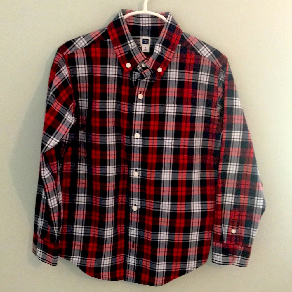 Janie & Jack navy, red and white plaid button up dress shirt